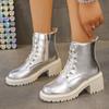 Gold Silver Platform Ankle Boots for Women 2024 Punk Lace Up Thick Heels Combat Boots Woman Zipper Chunky Short Booties Mujer