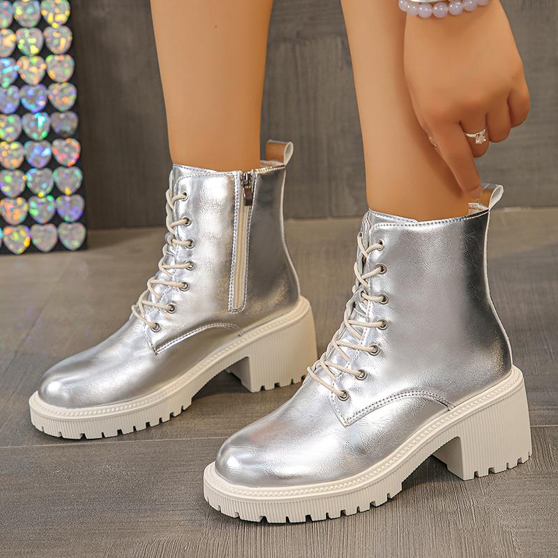 Gold Silver Platform Ankle Boots for Women 2024 Punk Lace Up Thick Heels Combat Boots Woman Zipper Chunky Short Booties Mujer