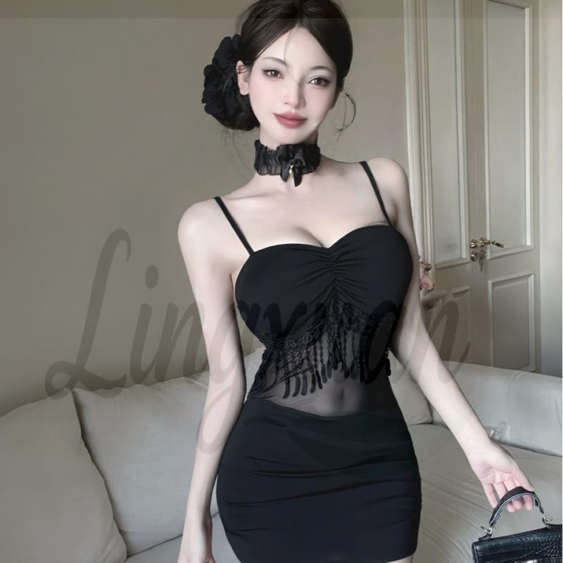 Spicy Waist-Cinched Lace Patchwork Tassel Mini Dress