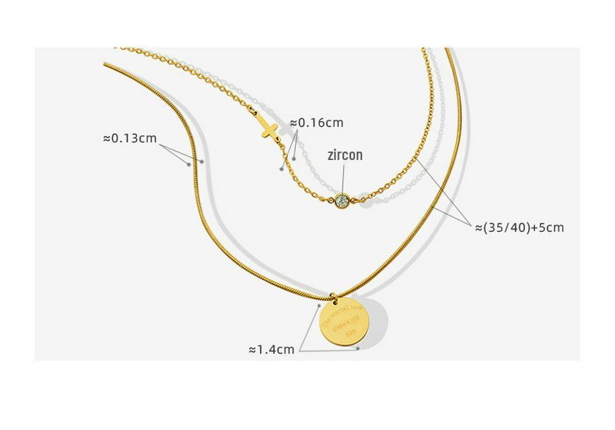 European-American Colorfast Thin Snake Bone Chain Necklace with Round Cross Zirconia Pendant, Gold-Plated Titanium Steel