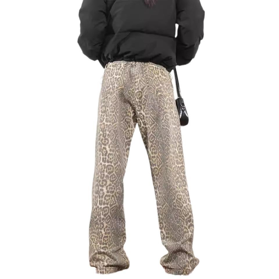 Retro Leopard Print Wide-leg Jeans for Women In Spring and Summer Design High Waist Slim Loose Straight Pants