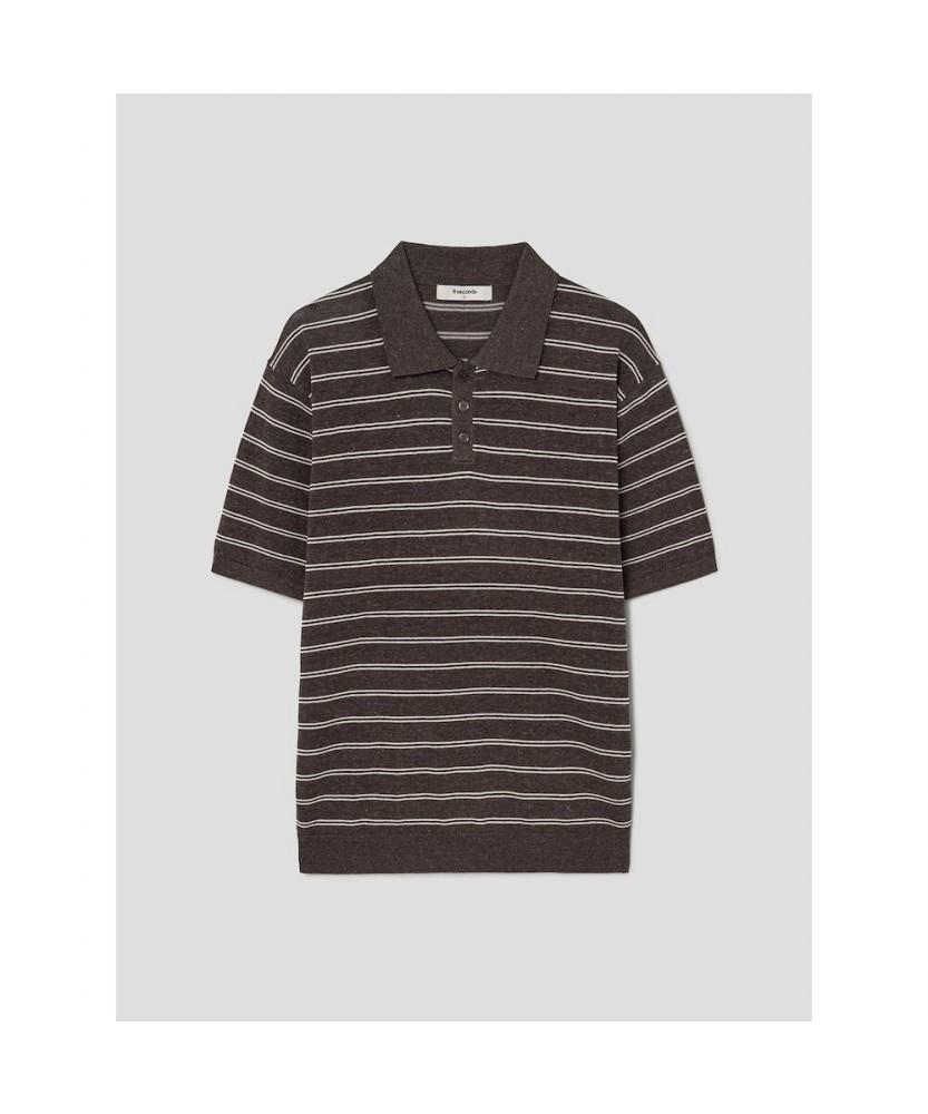 8SECONDS Striped Collared Neck Short Sleeve Knit Brown