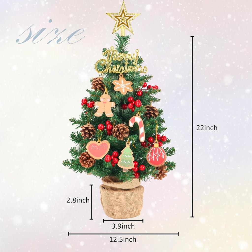 Artificial Mini Christmas Tree, 22Inch Tabletop Christmas Trees 65 Branch Tips Small XmasTrees with Ornaments for Indoor Desktop