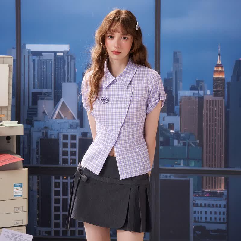 UNIFREE Women's Embroidered Plaid Short Sleeve Shirt