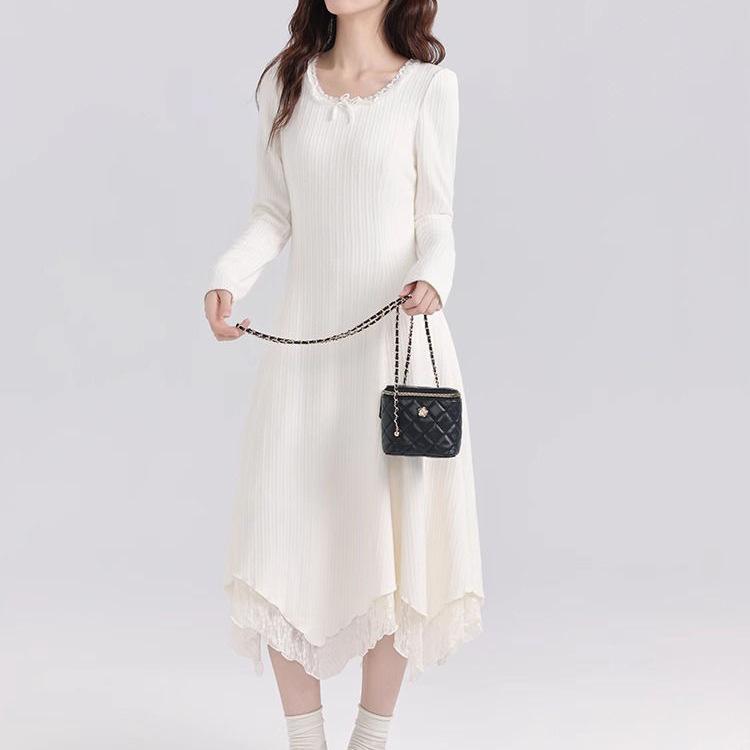 Pure White Lace Long Dress for Women - Versatile Inner Wear, Perfect for Pairing with Coats in Autumn and Winter 2025