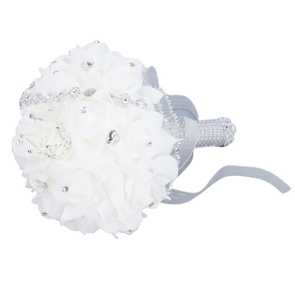 Wedding Bouquet with Crown 10.6 Inch PU Lace Satin Bridal Bridesmaid Artificial Flower Hand Bouquet for Wedding Party