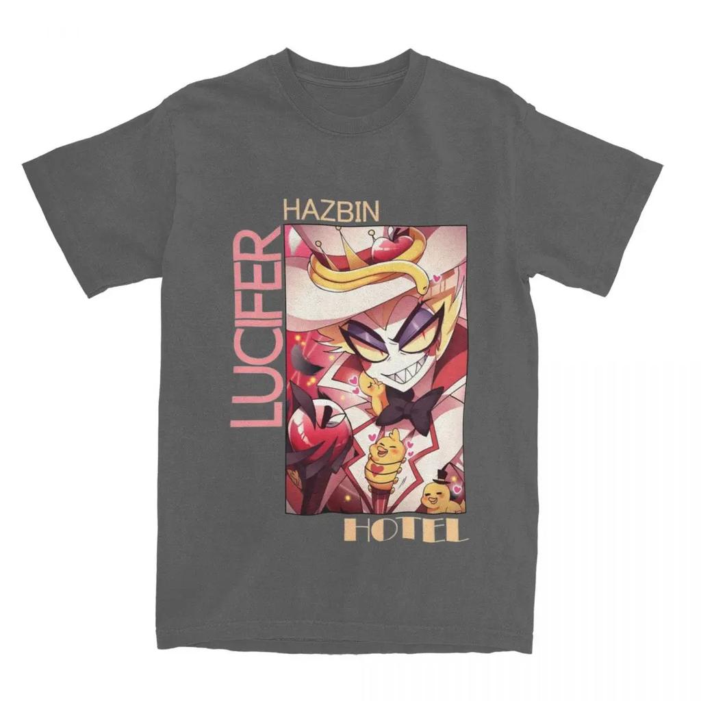 Humorous Hazbins Hotels Lucifer Kawaii T-Shirts Men Crew Neck 100% Cotton T Shirts Short Sleeve Tees Unique Tops