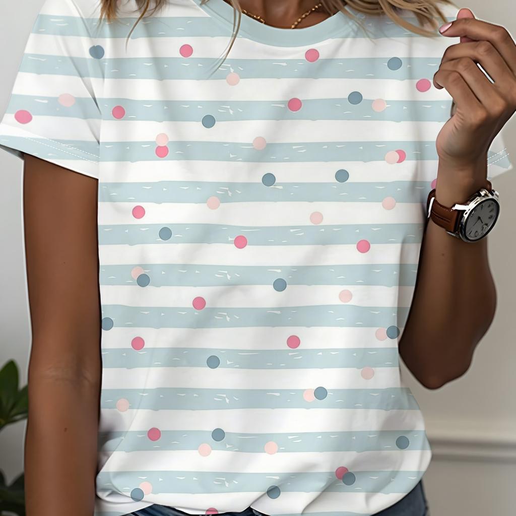 Women's Casual Striped Polka Dot T-shirt Summer Short-sleeved Round Neck Loose All-over Printed T-shirt