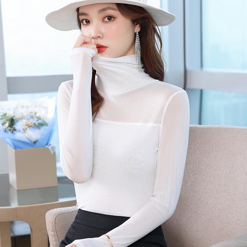 Women's Semi-High Neck Mesh Lace Long Sleeve Top