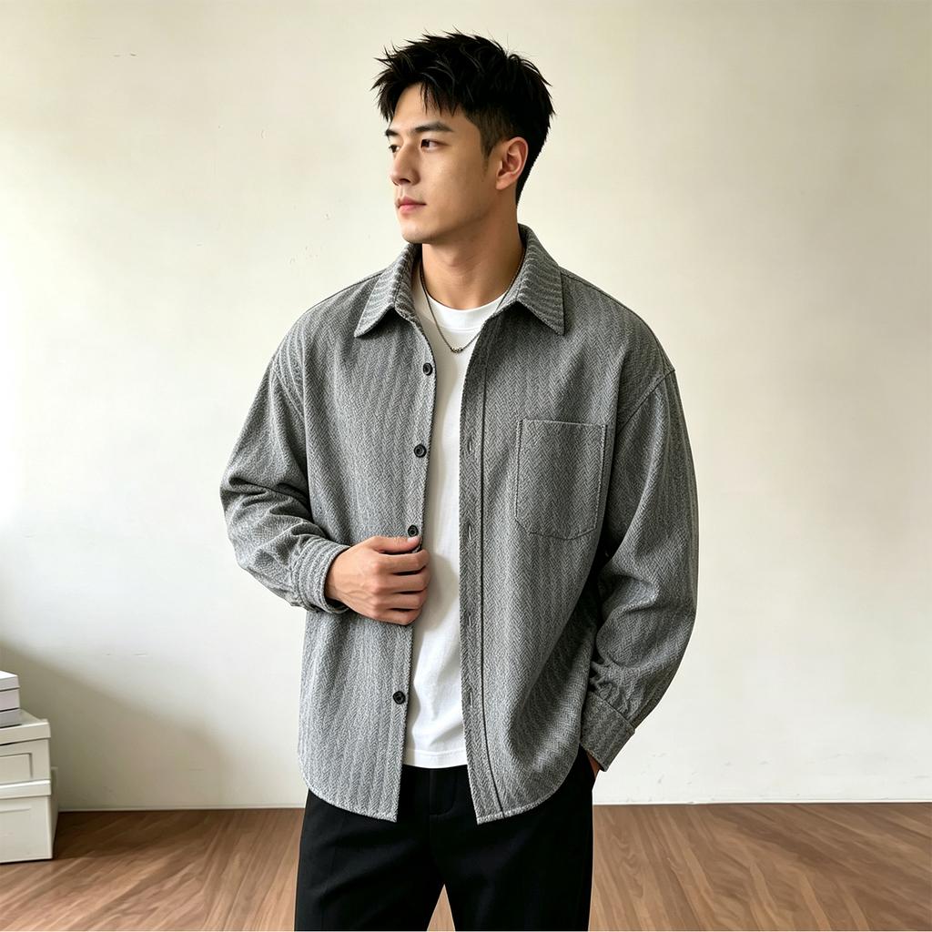 Men's Vintage Herringbone Shirt Jacket Striped Long Sleeve Collared Overshirt for Fall