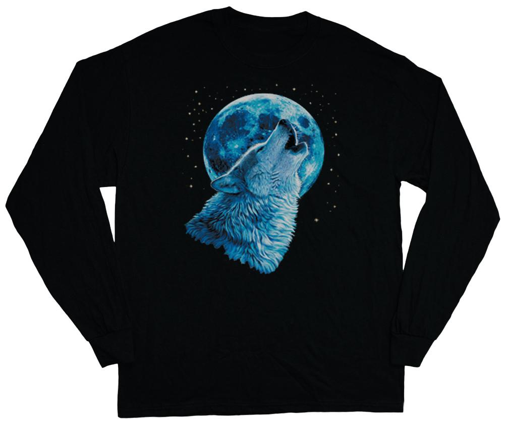 long sleeve t-shirt for men lone wolf howling at the moon mountain scene shirt