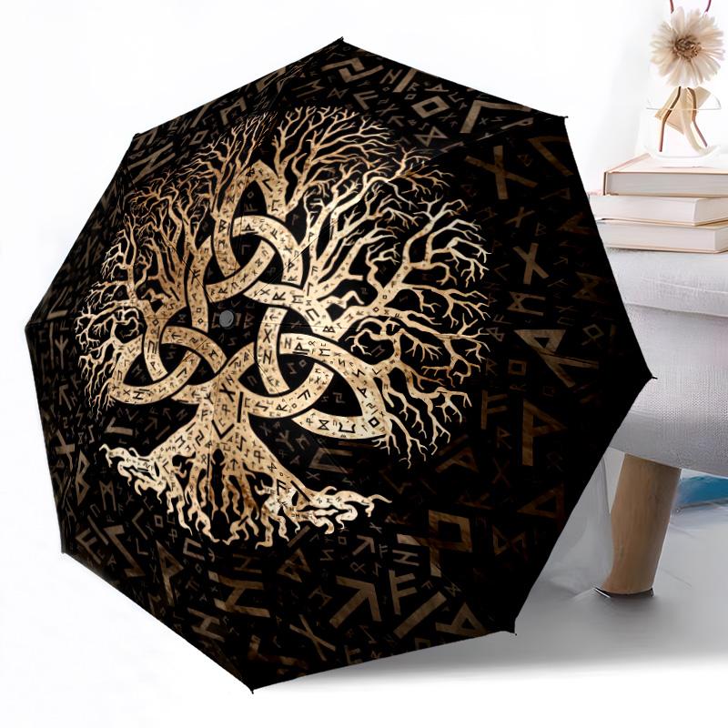 Goldener Baum des Lebens Automatischer Outdoor-Regenschirm Einziebares Design mit 8 Rippen Langlebig Leicht Perfektes Geschenk für Freunde Familie