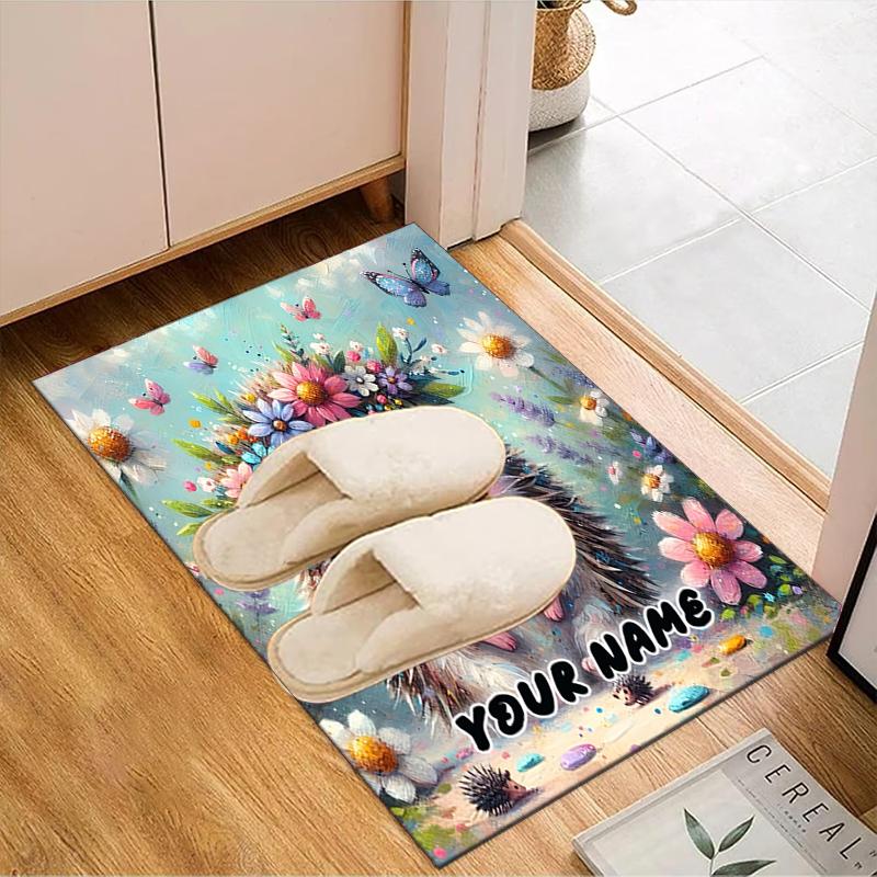 1PC Custom Name Floral Hedgehog Garden Theme Floor Mat Ideal for Living Room, Game Rooms, Office, Bedroom,Floor Mat Playful Design95