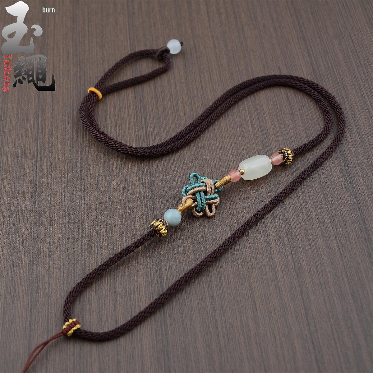 Hand-Woven Chinese Ruyi Knot Necklace Cord with Jade Amber Pendant