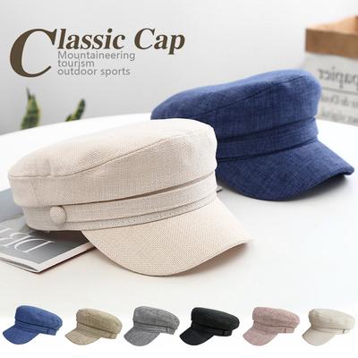 Fashion Womens Spring and Autumn Linen Breathable Solid Color Newsboy Cap Lady Retro British Style Beret Flat Caps