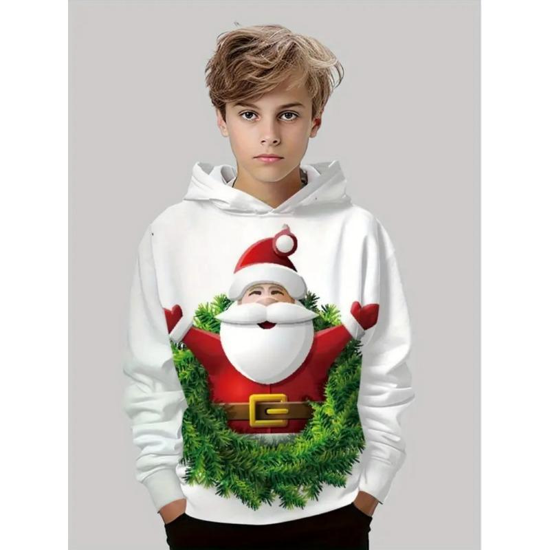 Santa Claus Graphic Sweatshirts Harajuku Long Sleeve Pullover Hoodies for Kids Unisex White Tops Y2k Streetwear Sweatshirt