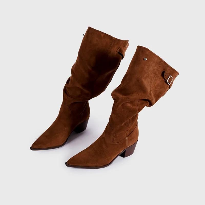 Fashion Personalized Design Back Zipper Pointed Low Heel Lazy Pleated Boots European American Retro Western Cowboy Thick Heeled Boots