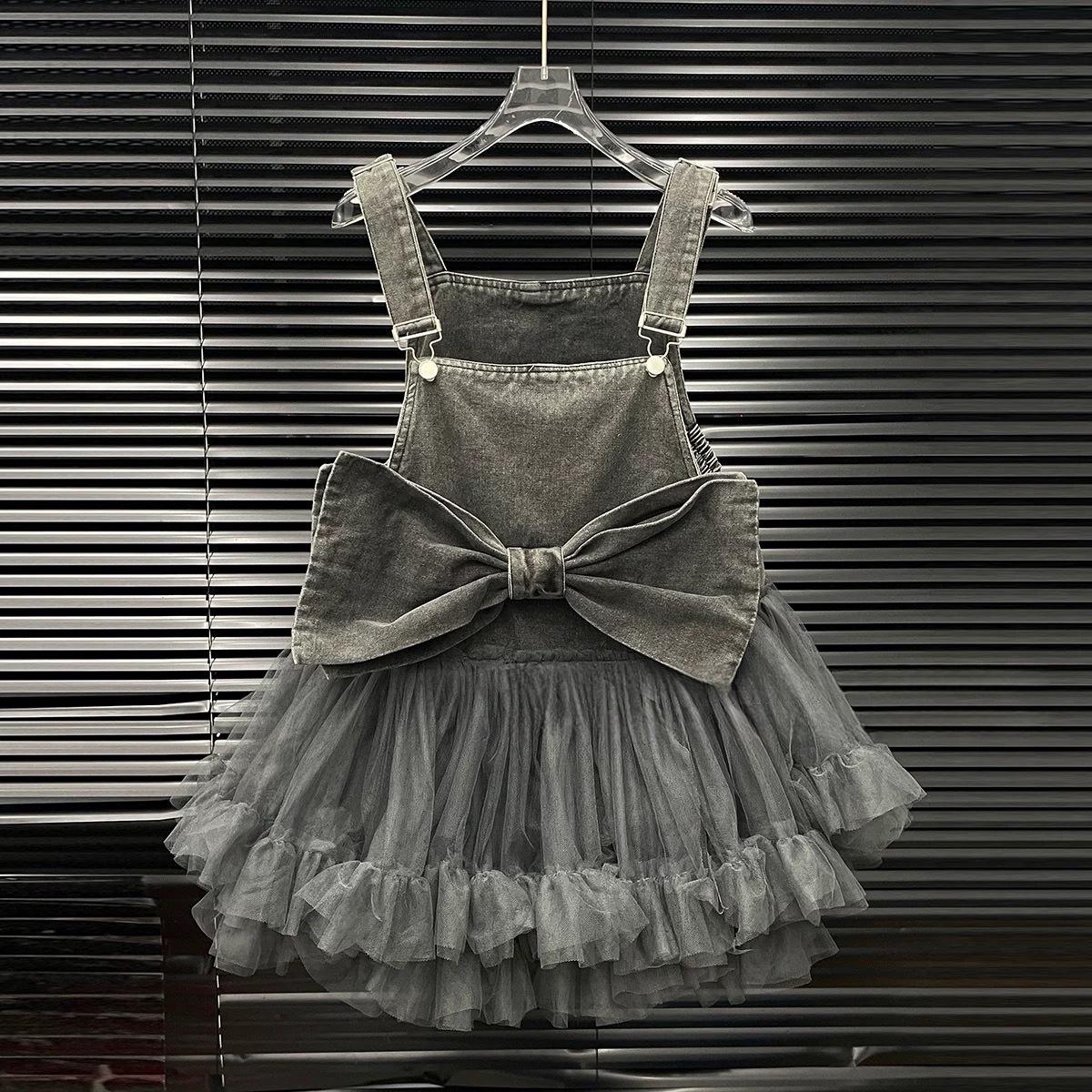 

2026 Spring Bow Strap Patchwork Mesh Puff Dress for Women S темно-серого