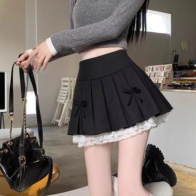 Bow Lace Edge Black Bustier Skirt, Women New High Waist Temperament Thin Pleated Skirt