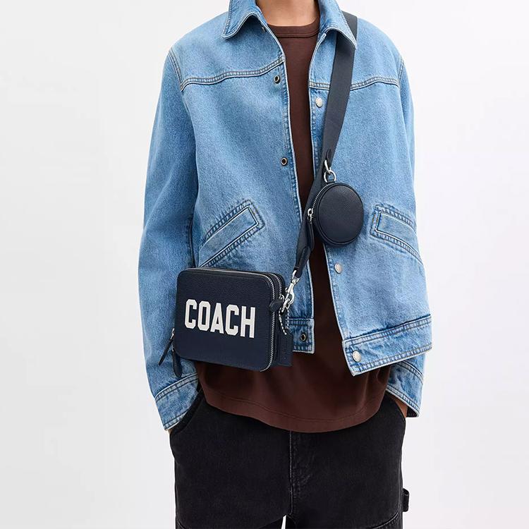Coach Charter 19 Double Zipper Closure Detachable Shoulder Strap Polished Pebble Leather Shoulder Crossbody Bag Small Men Bags Navy-Blue CP270-DNA