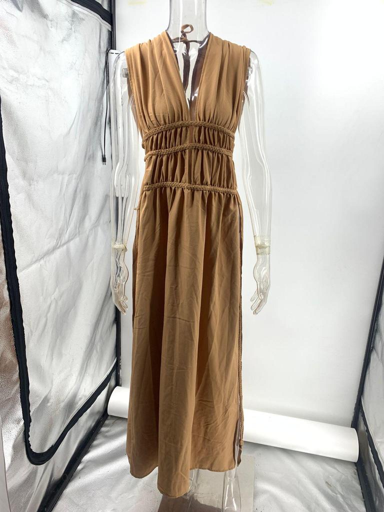 Bohemian Linen Sleeveless Braided Belt Slit Maxi Dress