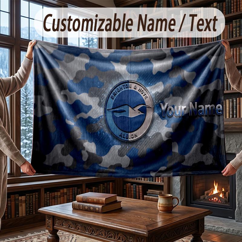 Custom Name Flannel Throw Blanket Brighton & Hove Albion Football Pattern Warm Home Decoration