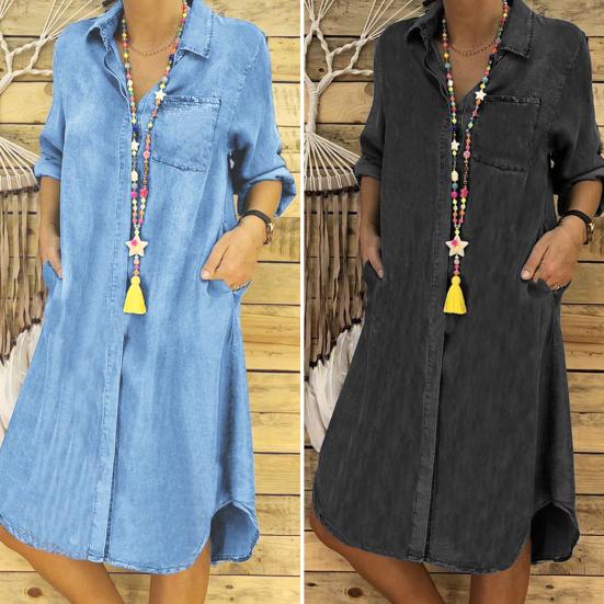 Denim Dress Single Breasted Pockets Summer Buttons Knee Length Dress Streetwear