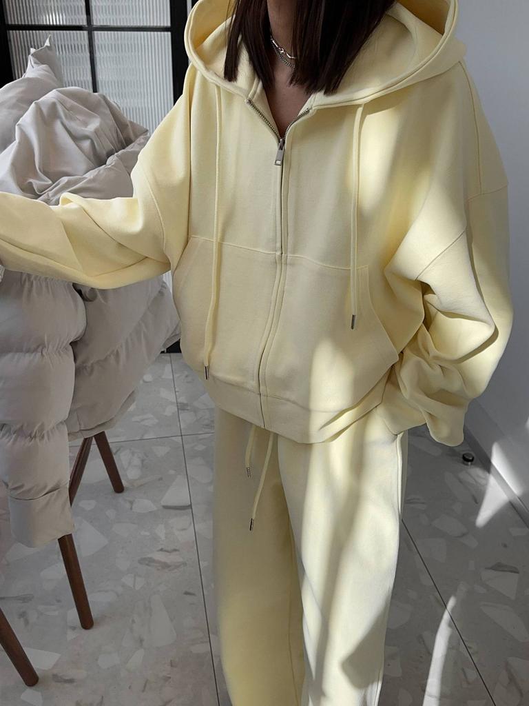 Autumn and winter new European and American style loose hooded zipper sweater set two-piece casual sweatpants women's solid color