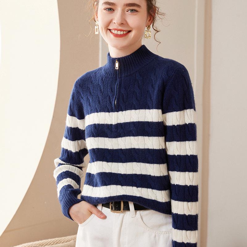 Women's Thickened Cashmere Color Block Striped Zipper Sweater - Retro Loose Lapel Short Knit Top for Autumn/Winter