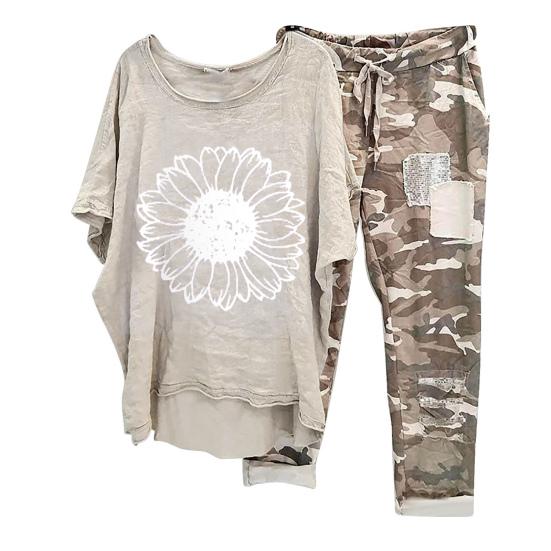 

2 Pcs/Set Women T-shirt Pants Set Dandelion Printing Round Neck Half Sleeves Camouflage M