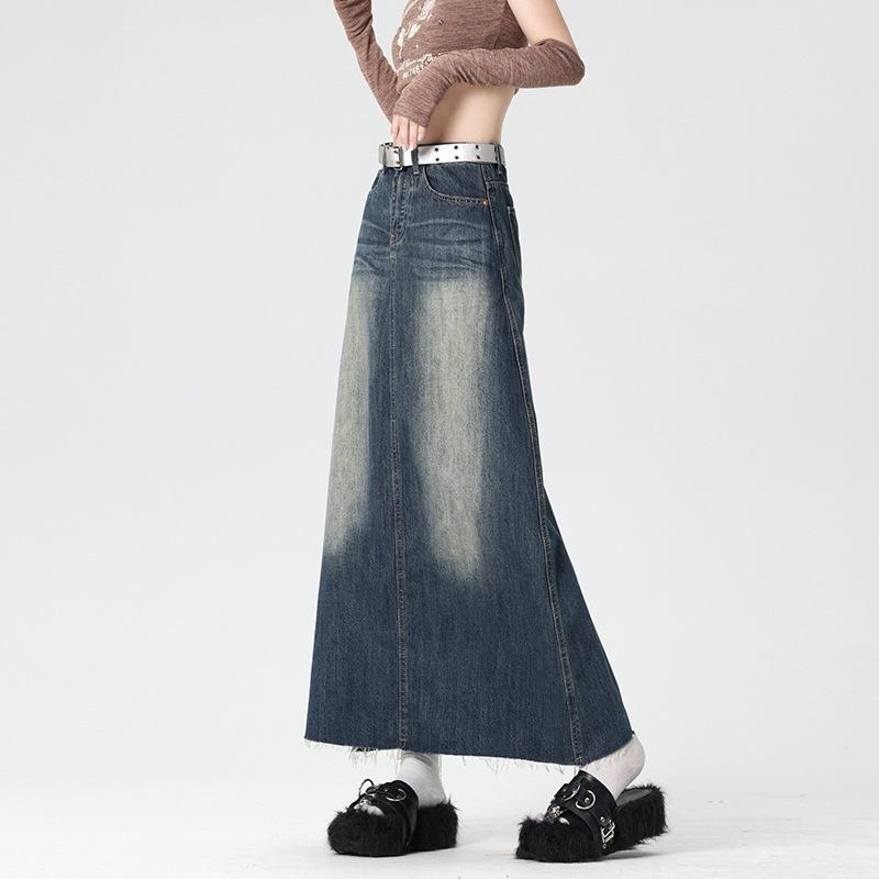 

Women s High Waist Fishtail Denim Skirt - Retro Mid-Length, Frayed A-Line, Slim Fit L