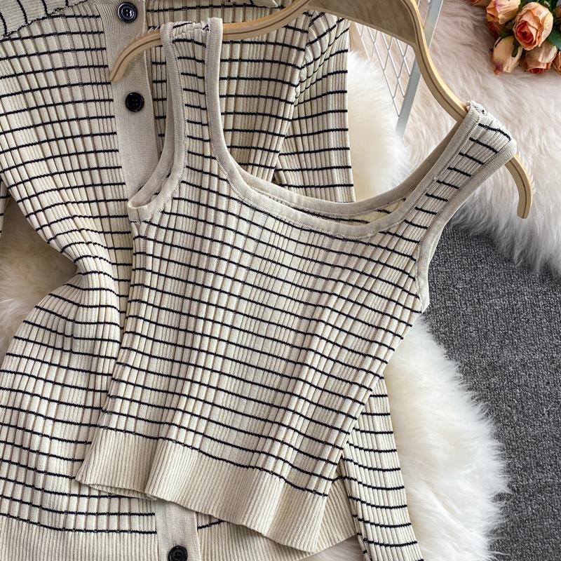 Fashion Suit Skirt Slim Knitted Lapel Top Sleeveless Vest Three-Piece High Waist Striped Hip Skirt Women