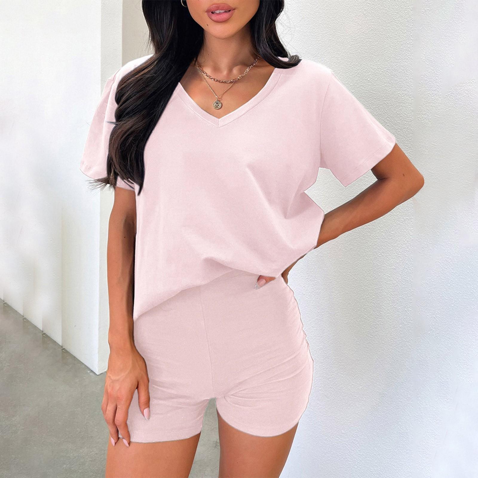 

Модный костюм с короткими рукавами и V-образным вырезом, повседневный, с короткими рукавами XS розовый