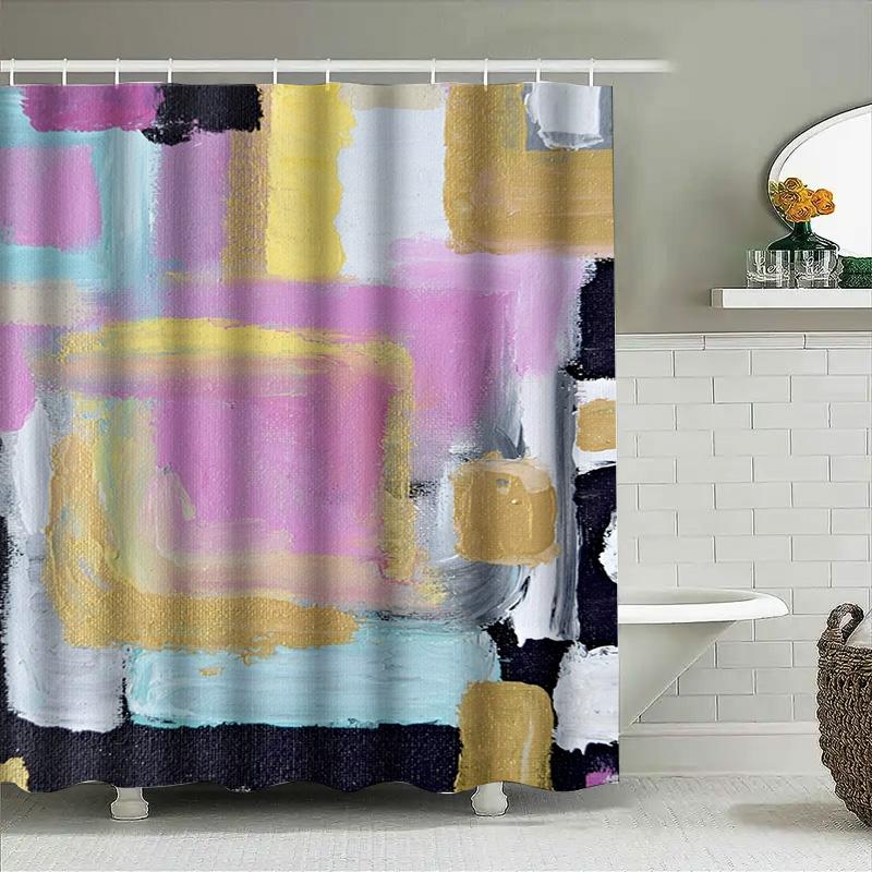 Modern Abstract Shower Curtain Bathroom Decor Artistic Colorful Pink Gold Blue Yellow Black Gray Size Customizable Waterproof Fa