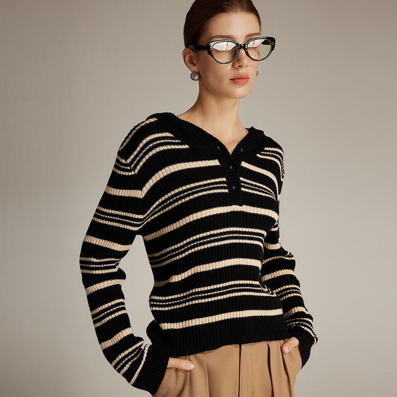 Women's Retro Color Block Ribbed Hooded Knit Sweater