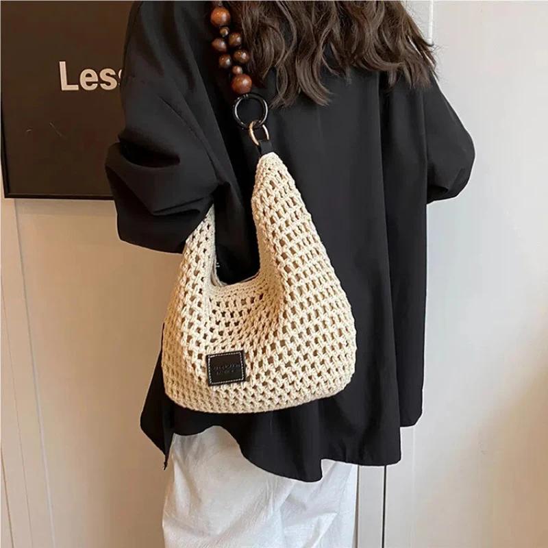 Women's Summer Fashi Hollow Knitted Handbag Ladies Casual Beach Vacati Beach Woven Bags Female Large Capacity Shoulder Bag