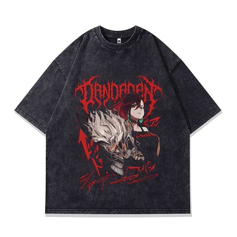 T-shirt d'été nouveau style rétro japonais dessin animé imprimé surdimensionné coton lavé manches courtes marque tendance homme et femme