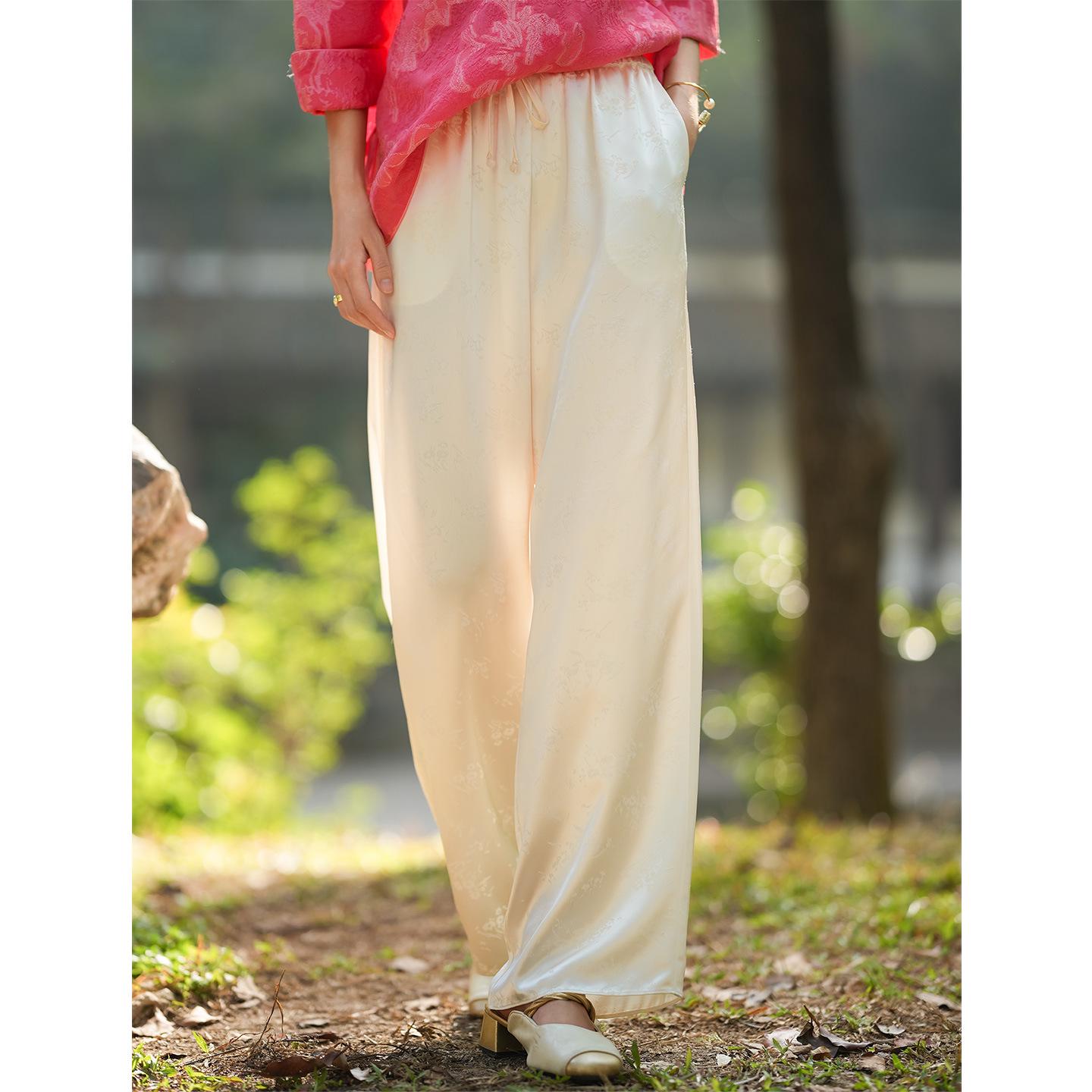 

Acetate Jacquard Satin Wide-Leg Pants - Spring/Summer 2026 Chinese National Style Women s Casual Trousers M (45-55 kg) грязно-белый