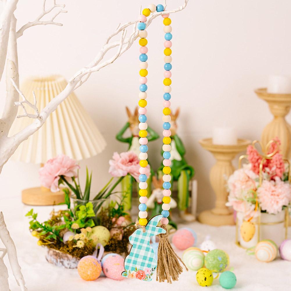 Easter Colorful Wooden Beads Hanging Garland With Plaid Print Rabbit Pendant For Easter Holiday Party