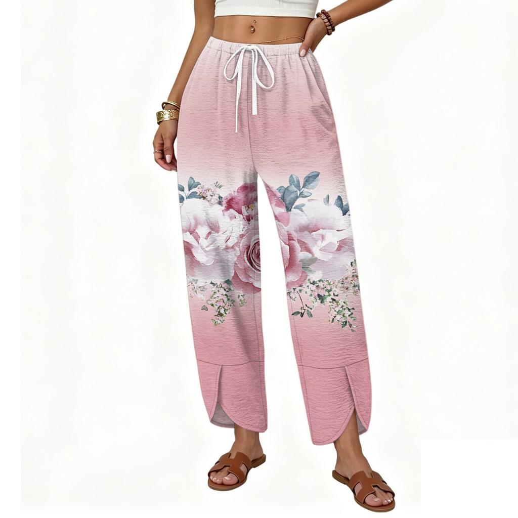 Women's Casual Straight Leg Wide Leg Drawstring Print Pants