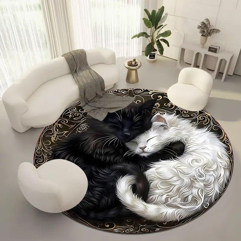 Black and White Cat Design Flannel-printed round floor mats are slip-resistant Suitable for room bedroom terrace garden carpets