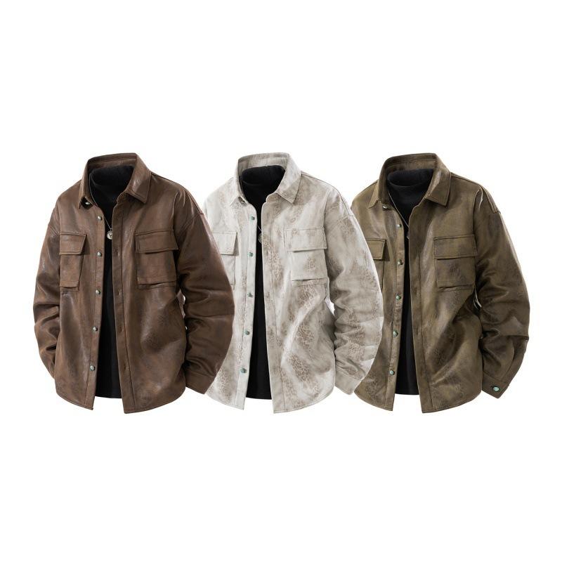 Minimalist Jacket Men Camouflage Tie-dye Autumn Retro PU Leather Jacket Shirt Paragraph Jacket Men Top Dirty Clothes Breathable Work Casual Jacket
