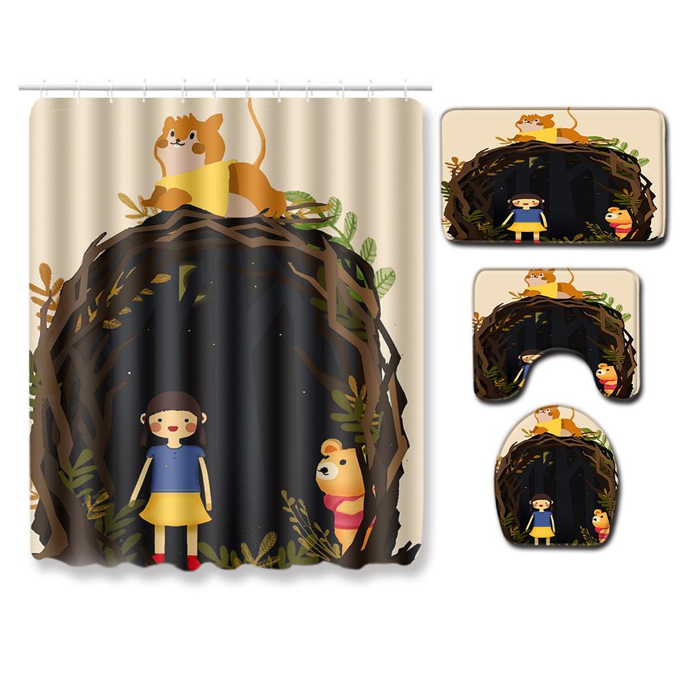 Healing Tree Hole Bathroom Shower Curtain Floor Mat Toilet Cover Foot Mat Four-Piece Set