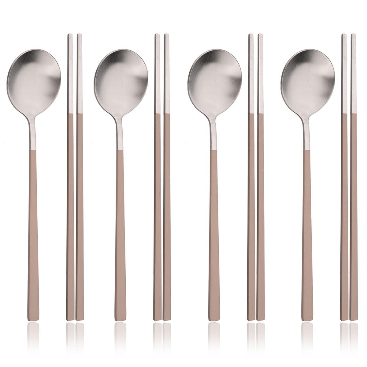 

8-piece Korean Chopstick and Spoon Set Service for 4 Matte Stainless Steel Flat Chopsticks Soup Spoons Dishwasher Safe коричневый