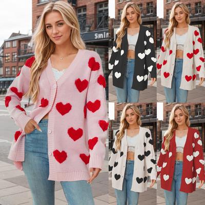 Women's New Valentine's Day Love Knitted Cardigan V-neck Button Mid Length Coat