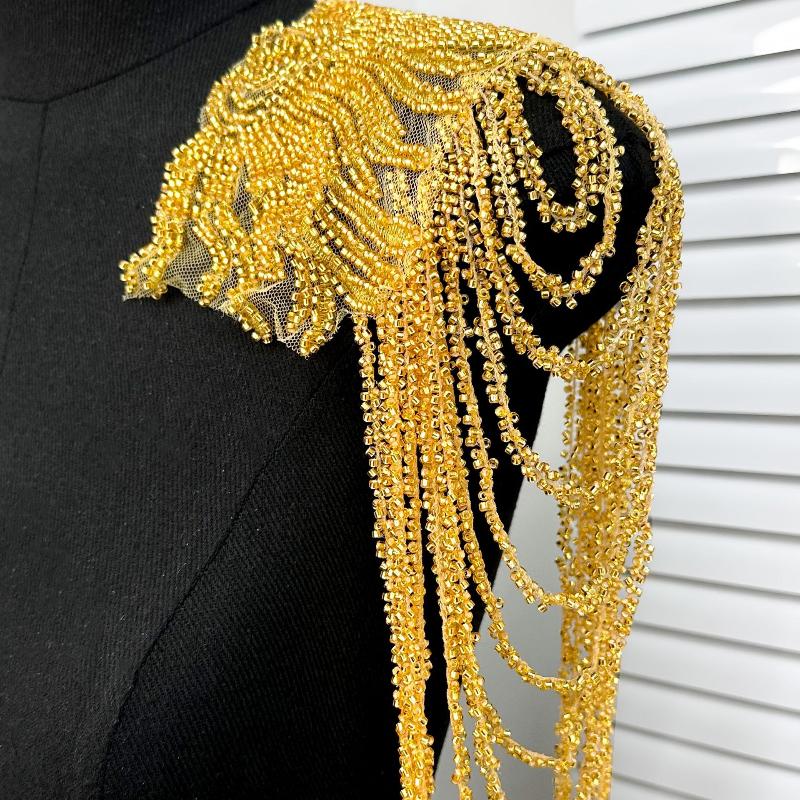 

1Pc Long Tassel Chain Sequin Shoulder Ornaments Wedding Dress Performance Clothing Shoulder Boards Embroidery Patch золотой