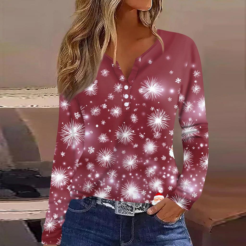 Women's T Shirt Tee Christmas Printed Button Long Sleeve Tunic Daily Weekend Fashion Basic V- Neck Regular Top
