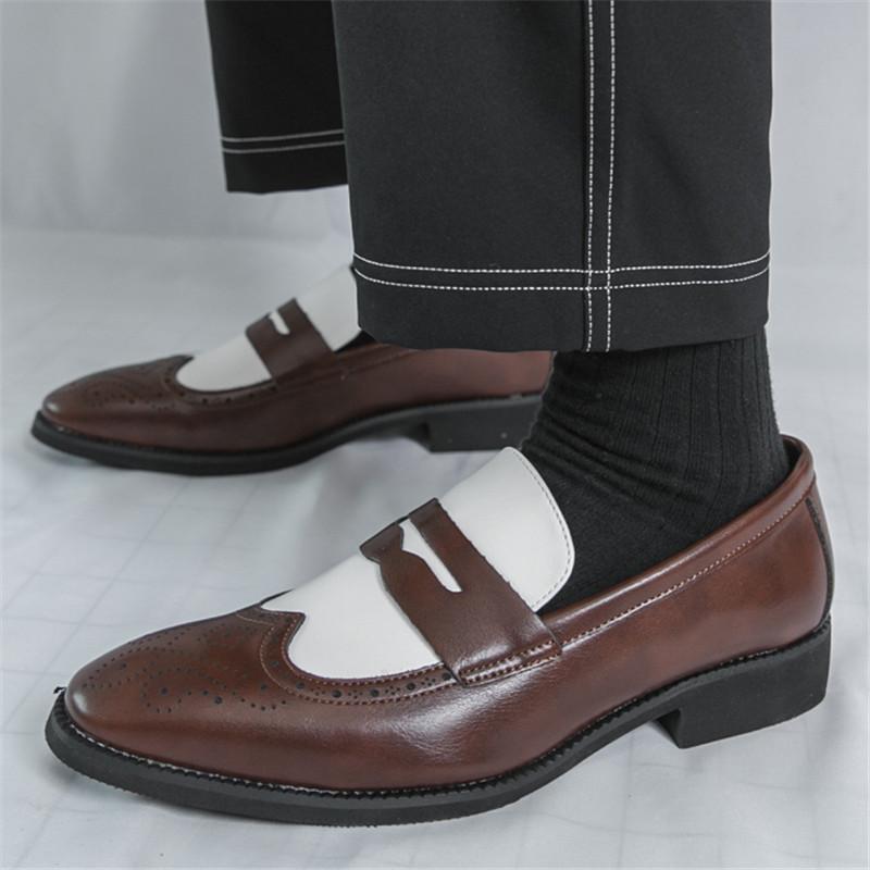 New Black White Brown Mixed Penny Loafers Men Pointed Slip On Casual Shoes Wedding Dress Homecoming Footwear Zapatos Hombre
