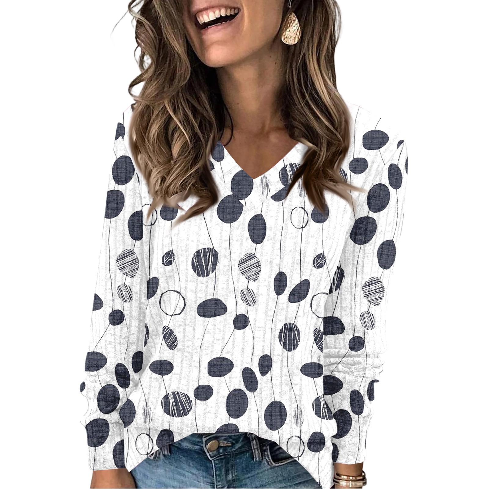 

Женская модная футболка оверсайз с V-образным вырезом и цветочным принтом, пуловер с длинным рукавом M белый