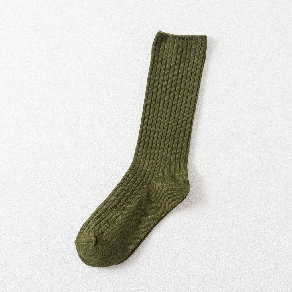 Autumn & Winter Women's Ribbed Cotton Mid-Calf Socks - Japanese Style, Solid Color, Double Needle.